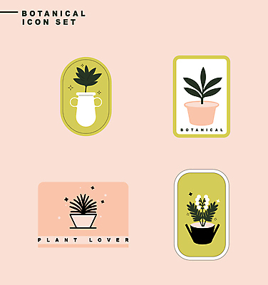 식물 아이콘 꽃 화분 분홍색 잎 자연 사람없음 연두색 반짝임 세트 라벨 보테니컬아트 2D아이콘 AI파일 컬러 모션 프레임 초록색 생태계 파일형식 벡터