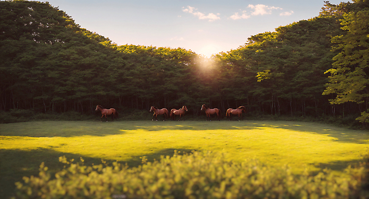 JPG 주간 편집이미지 여러마리 자연 풍경 초원 사람없음 야외 햇빛 말_동물 숲 디지털합성 편집소스 편집실사 AI포토 AI콘텐츠 자연요소 다수 포유류 태양 CG 생태계 파일형식