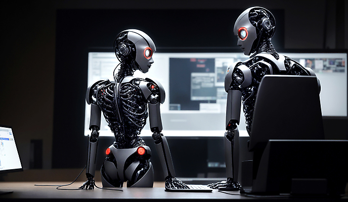 JPG 편집이미지 미래 실내 서기 사람없음 사무실 마주보기 모니터 로봇 휴머노이드 SF AI_인공지능 편집실사 AI컴퓨터그래픽 AI콘텐츠 컨셉 비즈니스 모션 내부 컴퓨터 CG 파일형식