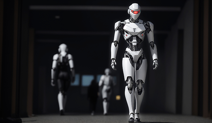 JPG 편집이미지 미래 실내 사람없음 걷기 복도 로봇 휴머노이드 SF AI_인공지능 편집실사 AI컴퓨터그래픽 AI콘텐츠 컨셉 모션 내부 CG 파일형식