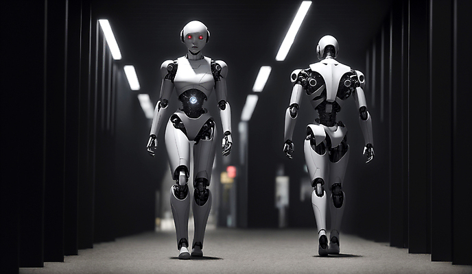 JPG 편집이미지 미래 실내 사람없음 걷기 복도 로봇 휴머노이드 SF AI_인공지능 편집실사 AI컴퓨터그래픽 AI콘텐츠 컨셉 모션 내부 CG 파일형식