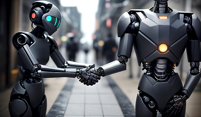 JPG 편집이미지 미래 악수 거리 사람없음 야외 손잡기 골목길 로봇 휴머노이드 SF AI_인공지능 편집실사 AI컴퓨터그래픽 AI콘텐츠 길 컨셉 모션 손짓 CG 파일형식