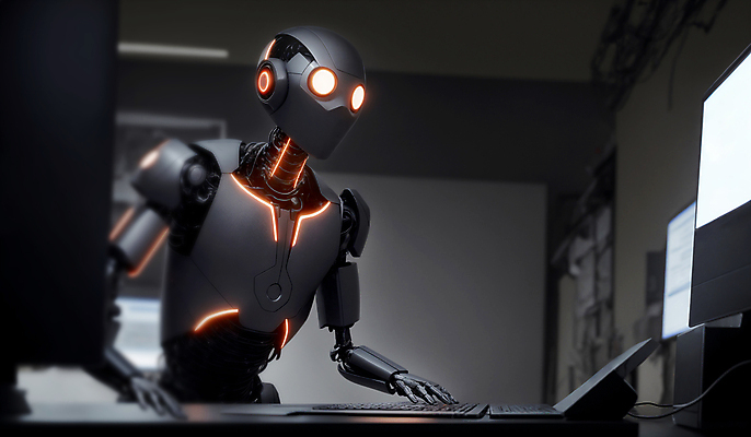 JPG 편집이미지 비즈니스 미래 실내 사람없음 사무실 타이핑 업무 로봇 휴머노이드 SF AI_인공지능 편집실사 AI컴퓨터그래픽 AI콘텐츠 컨셉 내부 작업 CG 파일형식