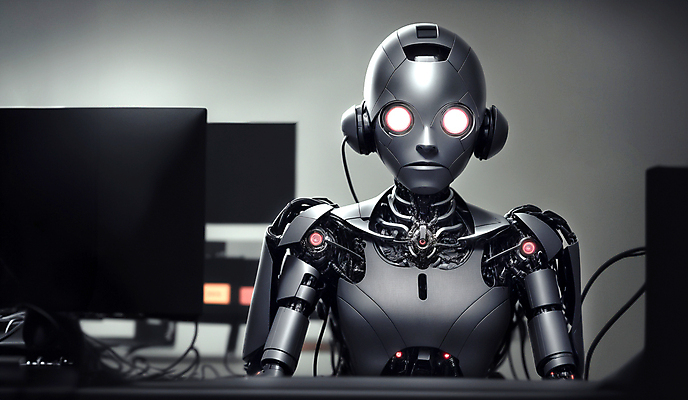 JPG 편집이미지 미래 실내 앉기 사람없음 사무실 모니터 로봇 휴머노이드 SF AI_인공지능 편집실사 AI컴퓨터그래픽 AI콘텐츠 컨셉 비즈니스 모션 내부 컴퓨터 CG 파일형식