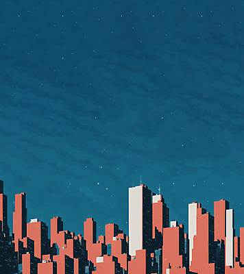 JPG 일러스트 밤하늘 풍경 빌딩 사람없음 파란색 도시 뉴욕 메트로폴리탄 미니멀 코랄 국내일러스트 AI일러스트 AI콘텐츠 컬러 하늘 건물 미국 야간 파일형식