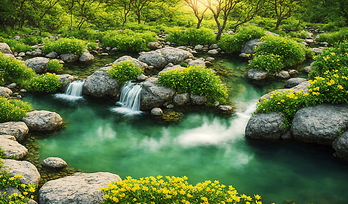 JPG 주간 나무 편집이미지 꽃 자연 풍경 사람없음 야외 물 계곡 폭포 돌_바위 풀 숲속 숲 디지털합성 편집실사 AI포토 AI콘텐츠 자연요소 식물 CG 생태계 파일형식