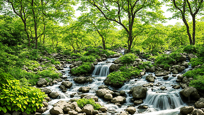 JPG 주간 나무 편집이미지 자연 풍경 사람없음 야외 물 계곡 폭포 돌_바위 풀 숲속 숲 디지털합성 편집실사 AI포토 AI콘텐츠 자연요소 식물 CG 생태계 파일형식