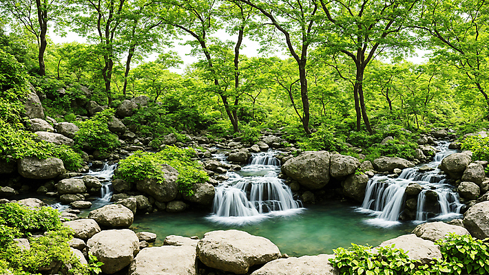 JPG 주간 나무 편집이미지 자연 풍경 사람없음 야외 물 계곡 폭포 돌_바위 풀 숲속 숲 디지털합성 편집실사 AI포토 AI콘텐츠 자연요소 식물 CG 생태계 파일형식