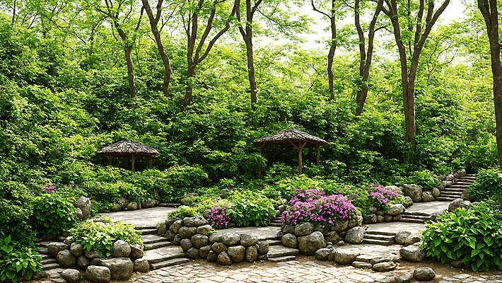 JPG 주간 나무 편집이미지 꽃 자연 풍경 사람없음 야외 계단 산책로 돌_바위 풀 숲속 숲 디지털합성 정자 휴식처 편집실사 AI포토 AI콘텐츠 자연요소 식물 건축물 길 휴식 CG 생태계 파일형식