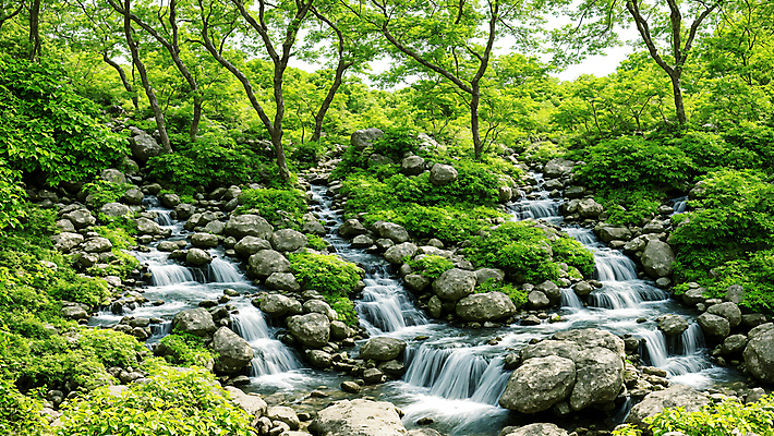 JPG 주간 나무 편집이미지 자연 풍경 사람없음 야외 물 계곡 폭포 돌_바위 풀 숲속 숲 디지털합성 편집실사 AI포토 AI콘텐츠 자연요소 식물 CG 생태계 파일형식