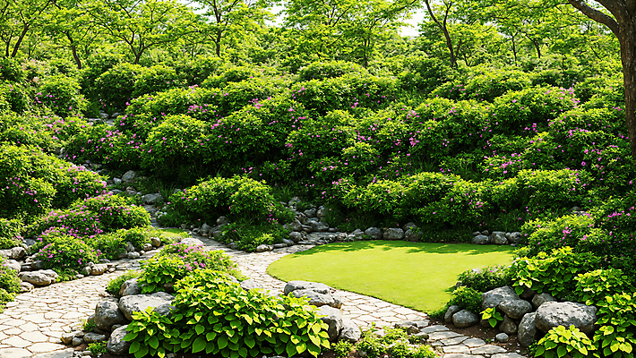 JPG 주간 나무 편집이미지 자연 풍경 잔디 사람없음 야외 산책로 돌_바위 풀 숲속 숲 디지털합성 편집실사 AI포토 AI콘텐츠 자연요소 식물 길 CG 생태계 파일형식