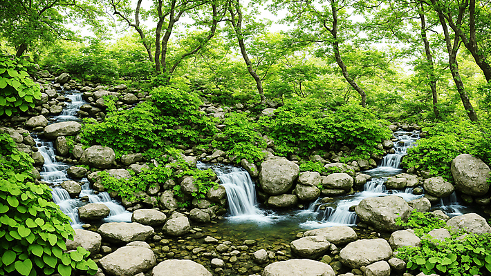 JPG 주간 나무 편집이미지 자연 풍경 사람없음 야외 물 계곡 폭포 돌_바위 풀 숲속 숲 디지털합성 편집실사 AI포토 AI콘텐츠 자연요소 식물 CG 생태계 파일형식