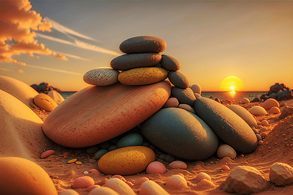 JPG 구름 편집이미지 하늘 해변 사람없음 쌓기 일몰 다양 돌_바위 조약돌 매끈함 가득함 디지털합성 편집실사 AI포토 AI콘텐츠 자연요소 바다 다수 모션 노을 감각 CG 파일형식