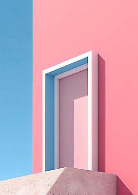 JPG 편집이미지 벽 분홍색 하늘색 하늘 사람없음 그래픽 3D 문 디지털합성 편집3D AI컴퓨터그래픽 AI콘텐츠 컬러 파란색 파일형식