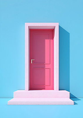 JPG 편집이미지 벽 분홍색 하늘색 하늘 사람없음 그래픽 3D 문 디지털합성 단층 편집3D AI컴퓨터그래픽 AI콘텐츠 컬러 파란색 파일형식