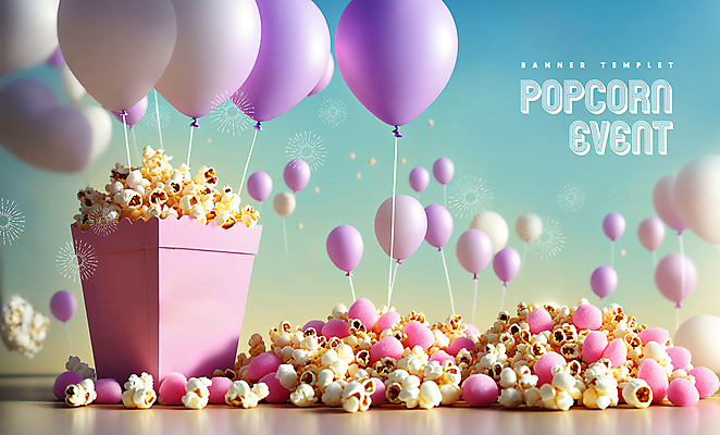 PSD 편집이미지 배너 하늘색 디저트 사람없음 과자 낟알 디지털합성 팝콘 풍선 연보라색 이미지편집 음식 파란색 보라색 파일형식