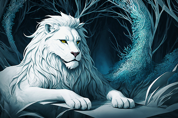 JPG 나무 한마리 엎드리기 일러스트 포유류 사람없음 숲속 사자 신비 청록색 웅장함 백사자 국내일러스트 AI일러스트 AI콘텐츠 식물 동물 1 컬러 컨셉 모션 숲 파일형식