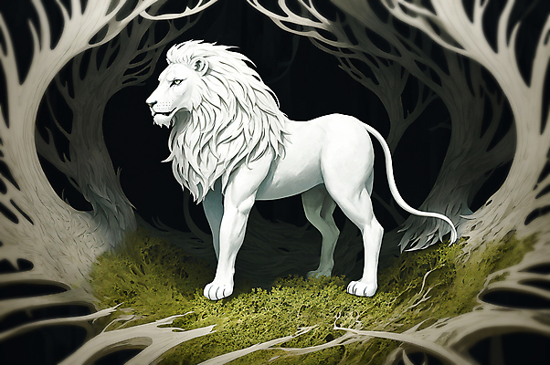 JPG 나무 한마리 일러스트 포유류 서기 사람없음 흰색 숲속 사자 신비 웅장함 백사자 국내일러스트 AI일러스트 AI콘텐츠 식물 동물 1 컬러 컨셉 모션 숲 파일형식