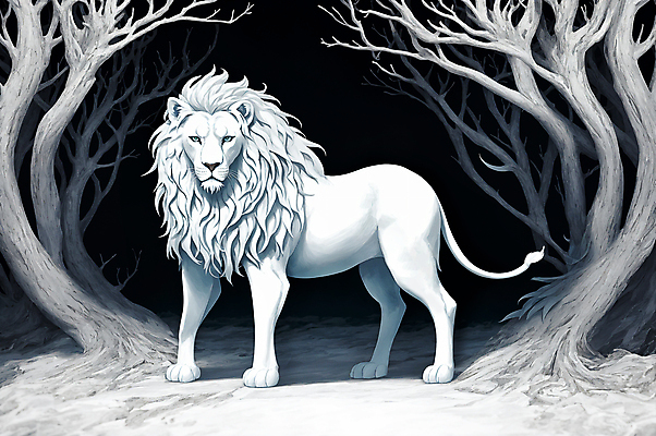 JPG 나무 한마리 일러스트 포유류 서기 사람없음 흰색 숲속 사자 신비 웅장함 백사자 국내일러스트 AI일러스트 AI콘텐츠 식물 동물 1 컬러 컨셉 모션 숲 파일형식