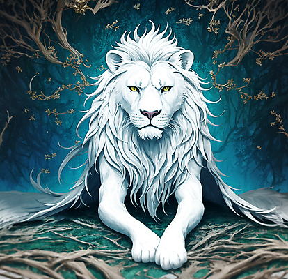 JPG 나무 한마리 응시 엎드리기 일러스트 포유류 사람없음 빛 사자 신비 청록색 웅장함 몽환 백사자 국내일러스트 AI일러스트 AI콘텐츠 식물 동물 1 시선 컬러 컨셉 모션 파일형식