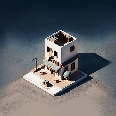 JPG 편집이미지 가로등 창문 탁자 그림자 사람없음 건물 미니어처 파라솔 건축모형 아이소메트릭 편집실사 AI컴퓨터그래픽 AI콘텐츠 건축물 공공시설 가구 모형 CG 파일형식