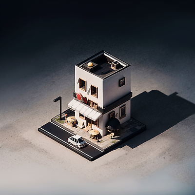 JPG 편집이미지 도로 가로등 창문 자동차 그림자 사람없음 건물 미니어처 파라솔 천막 건축모형 아이소메트릭 편집실사 AI컴퓨터그래픽 AI콘텐츠 건축물 공공시설 길 육상교통 교통시설 모형 CG 파일형식