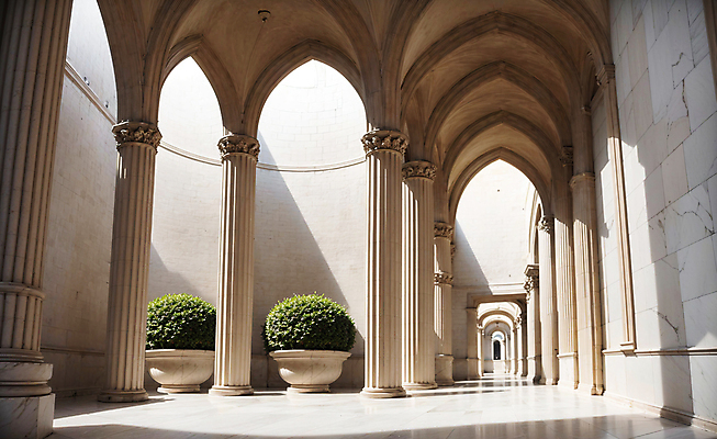 JPG 편집이미지 화분 건축양식 실내 사람없음 건물 빛 인테리어 공간 복도 디지털합성 아치 로마네스크 로마네스크양식 편집소스 편집실사 AI포토 AI콘텐츠 건축물 디자인 건축 내부 CG 파일형식