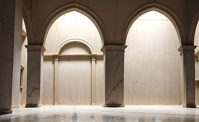 JPG 편집이미지 벽 건축양식 실내 사람없음 건물 인테리어 공간 복도 디지털합성 아치 로마네스크 로마네스크양식 편집소스 편집실사 AI포토 AI콘텐츠 건축물 디자인 건축 내부 CG 파일형식