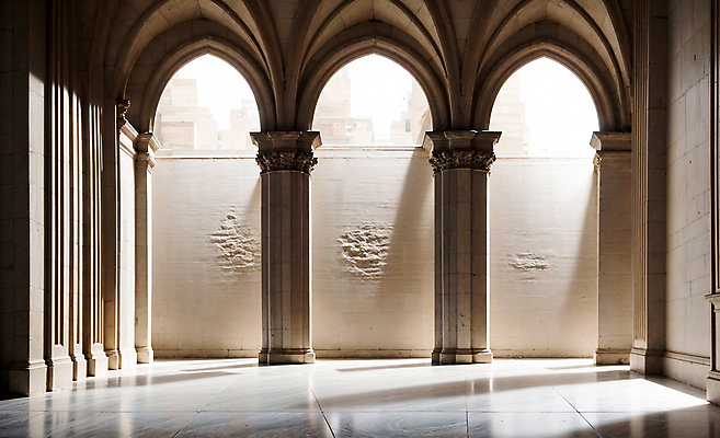 JPG 편집이미지 벽 건축양식 실내 사람없음 건물 인테리어 공간 기둥 디지털합성 아치 로마네스크 로마네스크양식 편집소스 편집실사 AI포토 AI콘텐츠 건축물 디자인 건축 내부 CG 파일형식
