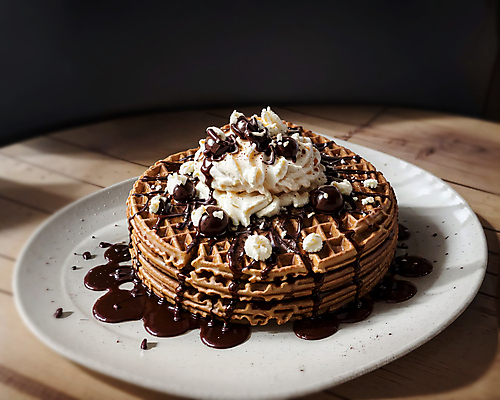 JPG 편집이미지 접시 디저트 실내 사람없음 원형 생크림 토핑 와플 나무탁자 초코시럽 편집실사 AI포토 AI콘텐츠 도형 식기 음식 탁자 내부 초콜릿 크림 CG 시럽 파일형식