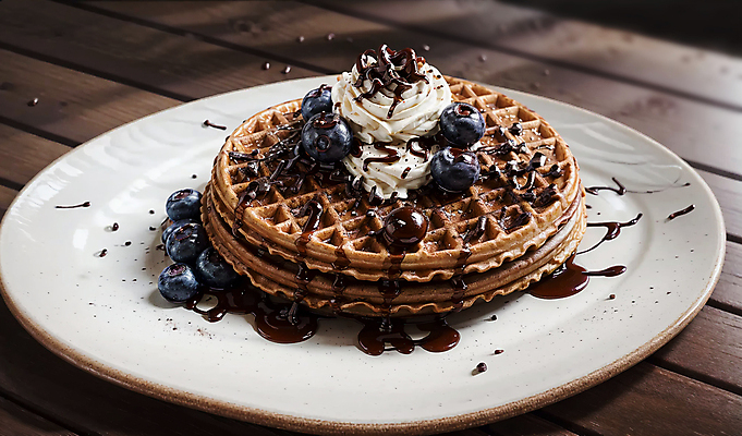 JPG 편집이미지 접시 디저트 실내 사람없음 원형 생크림 블루베리 토핑 와플 나무탁자 초코시럽 편집실사 AI포토 AI콘텐츠 도형 식기 음식 과일 탁자 내부 초콜릿 크림 CG 시럽 파일형식