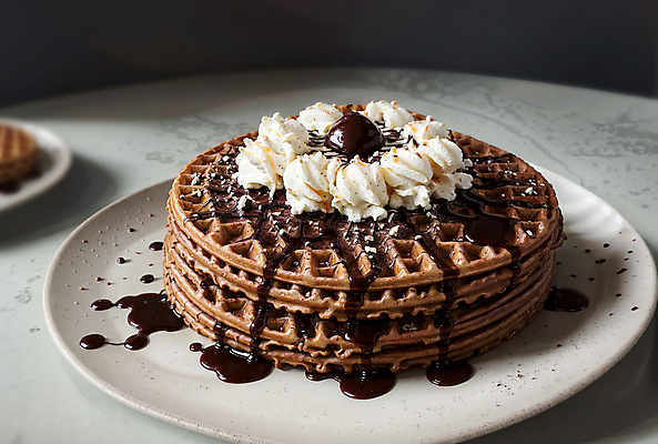 JPG 편집이미지 접시 디저트 실내 사람없음 원형 생크림 토핑 와플 나무탁자 초코시럽 편집실사 AI포토 AI콘텐츠 도형 식기 음식 탁자 내부 초콜릿 크림 CG 시럽 파일형식