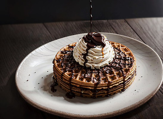 JPG 편집이미지 접시 디저트 실내 사람없음 원형 붓기 생크림 토핑 와플 나무탁자 초코시럽 편집실사 AI포토 AI콘텐츠 도형 식기 음식 모션 탁자 내부 초콜릿 크림 CG 시럽 파일형식