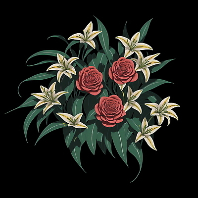 PSD 식물 꽃 잎 일러스트 사람없음 빨간색 초록색 장미 흰색 빈티지 백합 복고 오브제 국내일러스트 컬러 컨셉 파일형식