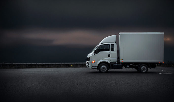 JPG 편집이미지 도로 사람없음 야외 야간 배송 디지털합성 택배 물류 편집소스 새벽배송 탑차 편집실사 AI포토 AI콘텐츠 자연요소 길 교통시설 트럭 운송업 CG 파일형식