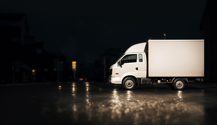 JPG 편집이미지 도로 사람없음 야외 빛 야간 배송 디지털합성 택배 물류 편집소스 새벽배송 탑차 편집실사 AI포토 AI콘텐츠 자연요소 길 교통시설 트럭 운송업 CG 파일형식