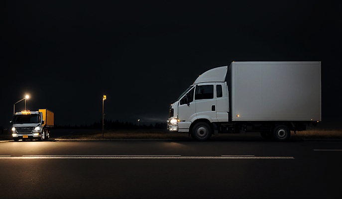 JPG 편집이미지 도로 가로등 사람없음 야외 빛 야간 교차로 배송 디지털합성 택배 물류 편집소스 새벽배송 탑차 편집실사 AI포토 AI콘텐츠 자연요소 공공시설 길 교통시설 트럭 운송업 CG 파일형식