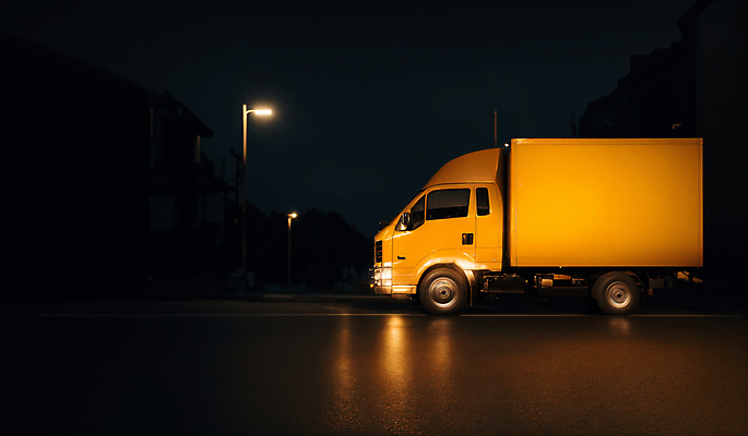 JPG 편집이미지 도로 가로등 사람없음 야외 빛 반사 야간 배송 디지털합성 택배 물류 편집소스 새벽배송 탑차 편집실사 AI포토 AI콘텐츠 자연요소 공공시설 길 교통시설 트럭 운송업 CG 파일형식