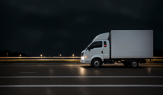 JPG 편집이미지 도로 사람없음 야외 야간 배송 디지털합성 택배 물류 편집소스 새벽배송 탑차 편집실사 AI포토 AI콘텐츠 자연요소 길 교통시설 트럭 운송업 CG 파일형식