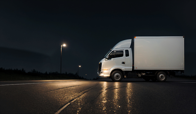 JPG 편집이미지 도로 가로등 사람없음 야외 빛 야간 배송 디지털합성 택배 물류 편집소스 새벽배송 탑차 편집실사 AI포토 AI콘텐츠 자연요소 공공시설 길 교통시설 트럭 운송업 CG 파일형식