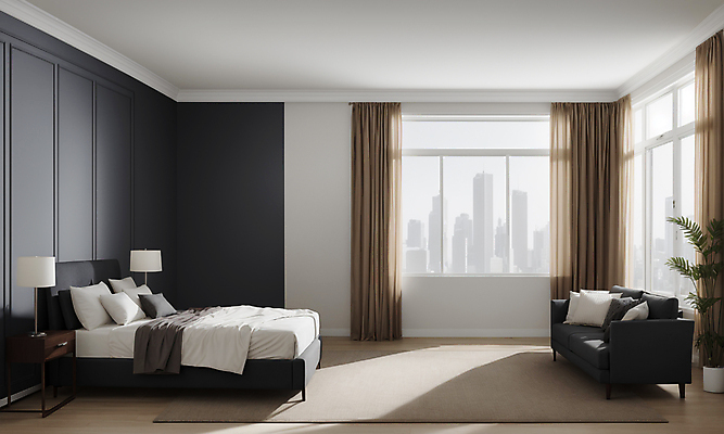 JPG 편집이미지 화초 쿠션 창문 베개 탁자 실내 사람없음 빛 인테리어 소파 이불 회색 매트 침대 스탠드 램프 도시 커튼 모던 모델하우스 편집실사 AI포토 AI콘텐츠 식물 디자인 컬러 가구 의자 침구 조명 내부 CG 파일형식