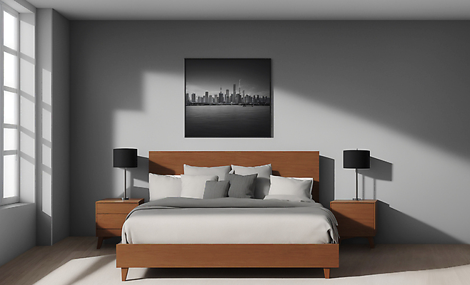 JPG 편집이미지 액자 쿠션 창문 베개 실내 그림자 사람없음 빛 인테리어 이불 회색 매트 침대 스탠드 램프 모던 서랍장 모델하우스 편집실사 AI포토 AI콘텐츠 디자인 컬러 가구 침구 조명 내부 CG 파일형식