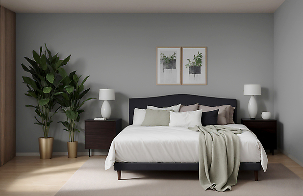 JPG 편집이미지 화분 화초 액자 쿠션 베개 실내 사람없음 인테리어 이불 회색 침대 스탠드 램프 모던 서랍장 모델하우스 편집실사 AI포토 AI콘텐츠 식물 디자인 컬러 가구 침구 조명 내부 CG 파일형식