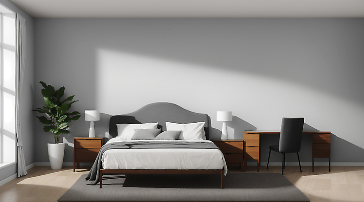 JPG 편집이미지 화분 화초 쿠션 의자 창문 베개 실내 사람없음 인테리어 이불 회색 매트 침대 스탠드 램프 커튼 책상 모던 서랍장 모델하우스 편집실사 AI포토 AI콘텐츠 식물 디자인 컬러 가구 침구 조명 내부 CG 파일형식