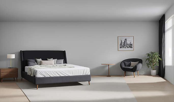 JPG 편집이미지 화초 액자 쿠션 창문 베개 탁자 조명 실내 사람없음 빛 인테리어 이불 회색 매트 침대 스탠드 램프 커튼 오브젝트 모던 서랍장 모델하우스 편집실사 AI포토 AI콘텐츠 식물 디자인 컬러 가구 침구 내부 CG 파일형식