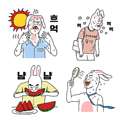 여러마리 일러스트 넥타이 수박 들기 사람없음 여름 세트 태양 눈감음 짜증 토끼 유머 찡그림 호흡 더위 시원함 먹기 토끼캐릭터 코믹 카툰스타일 화상 힘듦 짤방 손풍기 땀흘리기 계묘년 국내일러스트 AI파일 자연요소 잡화 계절 감정 동물캐릭터 다수 컨셉 과일 포유류 모션 날씨 표정 반려동물 선풍기 상처 휴대용 파일형식 벡터 2023년 유행어