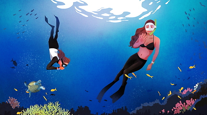 전신 PSD 여자 수영복 바다 일러스트 어류 성인 두명 파란색 바닷속 수영 수상스포츠 스노클링 산호초 거북이 잠수부 오리발 잠수 손인사 여름스포츠 잠수경 성인여자만 프리다이빙 국내일러스트 옷 스포츠 컬러 파충류 사람 수중 수중동물 인사 수중식물 전문직 물안경 여자만 성인만 파일형식 여름_계절