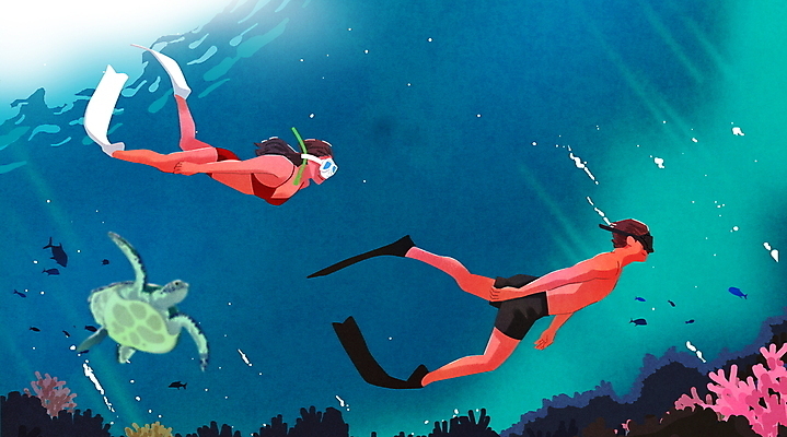 전신 PSD 여자 남자 수영복 바다 일러스트 성인 두명 수영 수상스포츠 스노클링 산호초 거북이 오리발 잠수 청록색 여름스포츠 바다거북 성인만 프리다이빙 국내일러스트 옷 스포츠 컬러 파충류 사람 수중식물 파일형식 여름_계절