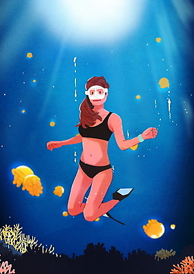 전신 PSD 응시 여자 수영복 바다 일러스트 한명 손짓 파란색 바닷속 수영 수상스포츠 스노클링 산호초 오리발 잠수 여름스포츠 잠수복 해파리 프리다이빙 국내일러스트 1 시선 옷 스포츠 컬러 모션 사람 수중 수중식물 자포동물 파일형식 여름_계절