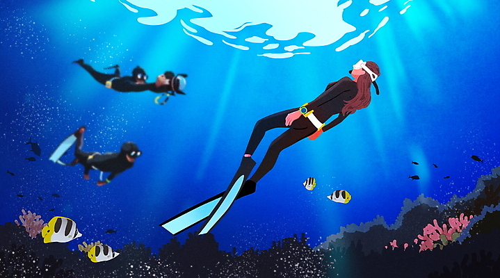 전신 PSD 여자 남자 바다 일러스트 성인 세명 파란색 바닷속 수영 수상스포츠 스노클링 산호초 오리발 열대어 잠수 여름스포츠 잠수복 나비고기 성인만 프리다이빙 국내일러스트 옷 스포츠 컬러 어류 사람 수중 수중식물 파일형식 여름_계절